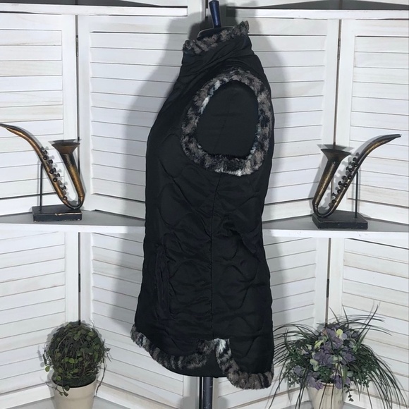 Vintage Y2K reversible Vest Animal Print Faux Fur Cinch Quilted Black/Brown L - Picture 4 of 14